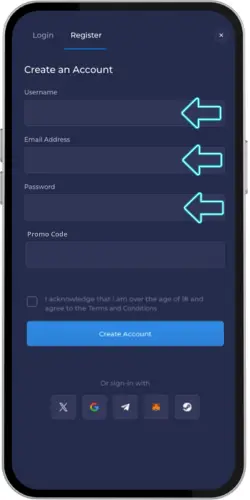 Account aanmaken: pijlen naar Gebruikersnaam, E-mail, Wachtwoord, Promotiecode.