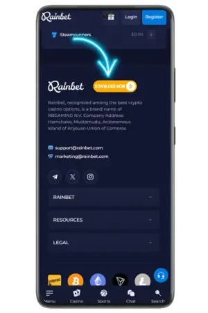 Klik op de downloadknop voor snelle Rainbet APK download
