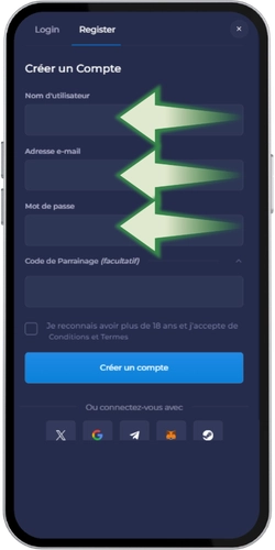 Création de compte : champs Pseudo, E-mail, Mot de passe et Code promo.