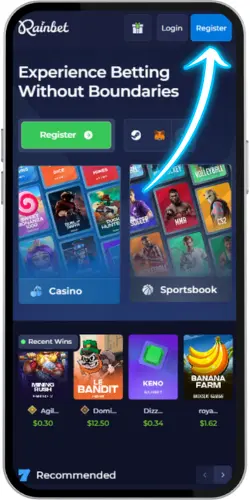 Rainbet homepage: pijl naar de knop Registreren.
