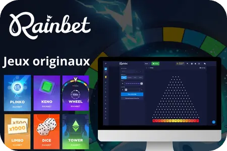 Interface du casino Rainbet présentant une sélection de jeux originaux exclusifs.