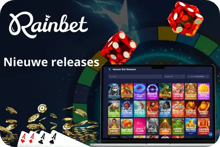 Rainbet-site met de categorie Nieuwe Releases en recent toegevoegde casinogames.