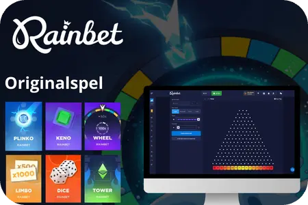 Rainbet casino-gränssnitt med ett urval av exklusiva originalspel.