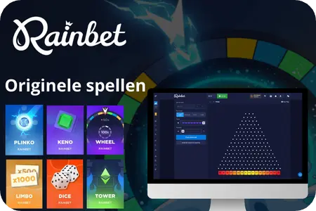 Rainbet casino-interface met een selectie van exclusieve originele games.