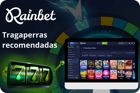 Interfaz de Rainbet casino mostrando varias tragaperras en la sección Slots.