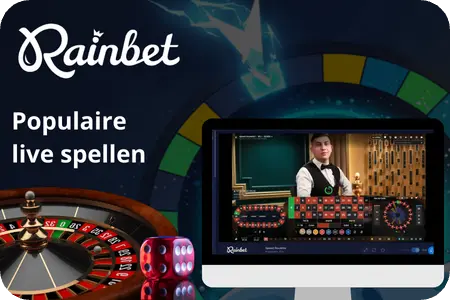 Rainbet-platform met populaire live games, waaronder live roulette.