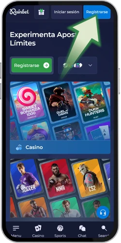 Página de inicio de Rainbet con el botón Registrarse resaltado