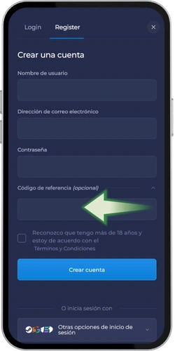Campo para introducir el código promocional en el formulario de registro de Rainbet
