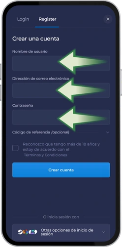 Formulario de registro de Rainbet con campos de usuario, correo, contraseña y código promocional